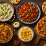 Pakistani food recipes featuring chicken white karahi, chicken jalfrezi, chicken biryani, homemade chicken pizza, and mango delight dessert on a rustic wooden table