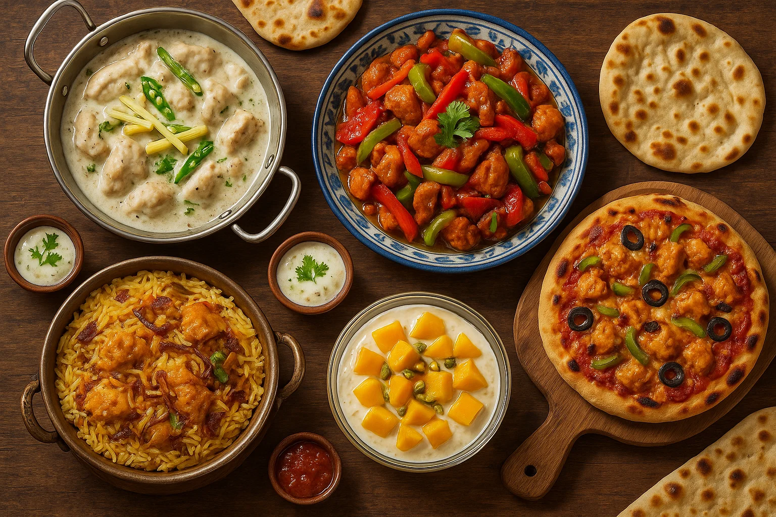 Pakistani food recipes featuring chicken white karahi, chicken jalfrezi, chicken biryani, homemade chicken pizza, and mango delight dessert on a rustic wooden table